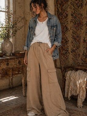Tan Wide Leg Cargo Pants Boho Utility Relaxed Fit Earth Tone Lounge Pants